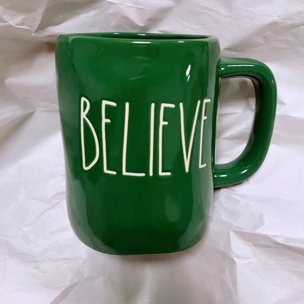 Rae Dunn Believe green Christmas mug